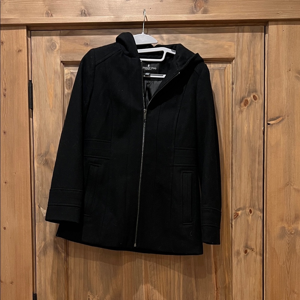 London Fog Black Hooded Women's Pea Coat with Zip